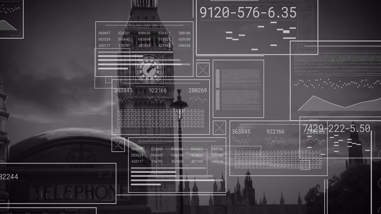 animación de la interfaz con procesamiento de datos frente a la vista de la torre big ben.