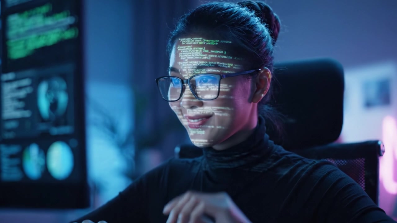 A Young Female Programmer Joyfully Engaged in Coding, Surrounded by High-Tech Screens, Illuminated by a Soft Blue Glow in a Modern Workspace Setting
