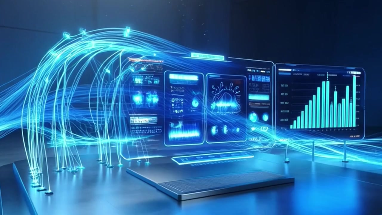 Futuristic Laptop Displaying Data Analytics with Glowing Blue Light Trails