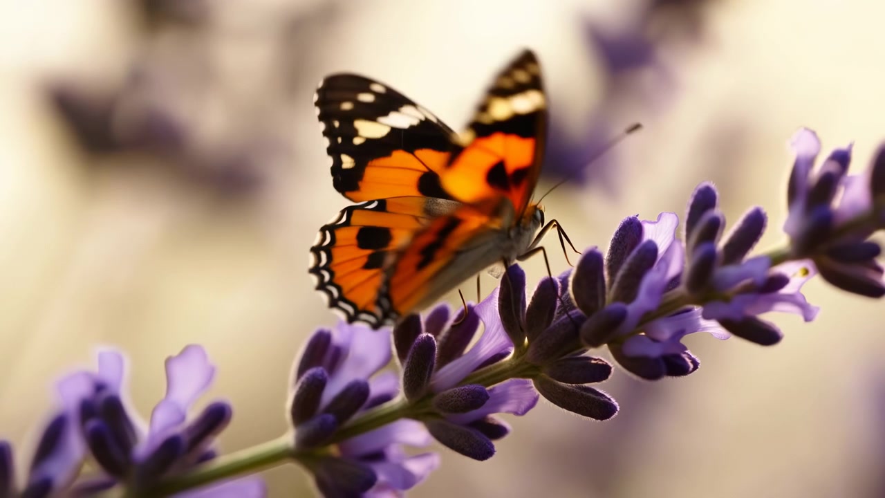 Farfalla arancione e nera posata su una spiga di lavanda viola, con le ali che si aprono gradualmente mentre le antenne rimangono sollevate e le zampe afferrano i petali, catturando un comportamento calmo di alimentazione o riposo sotto una luce calda.