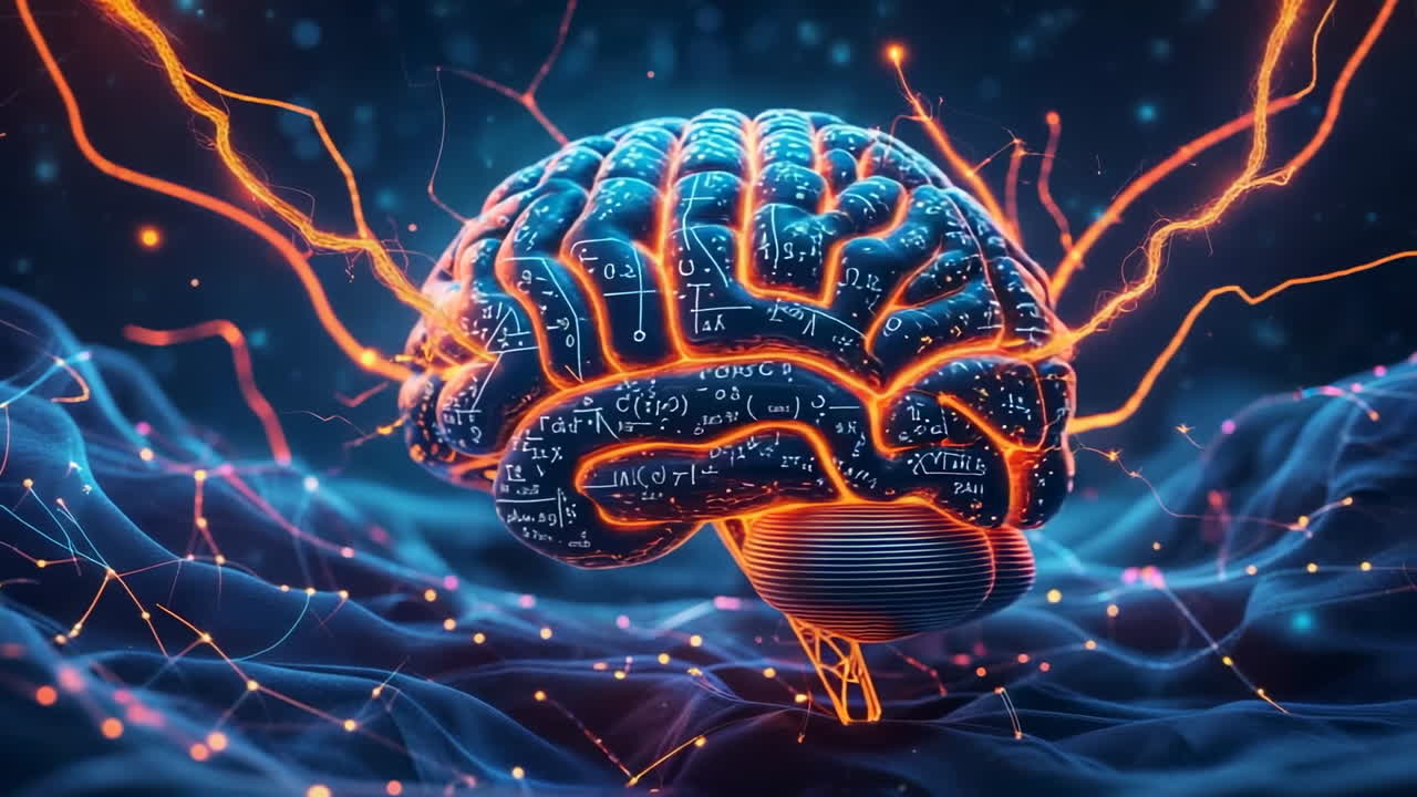 Conceptual AI Brain with Neural Connections and Mathematical Formulas