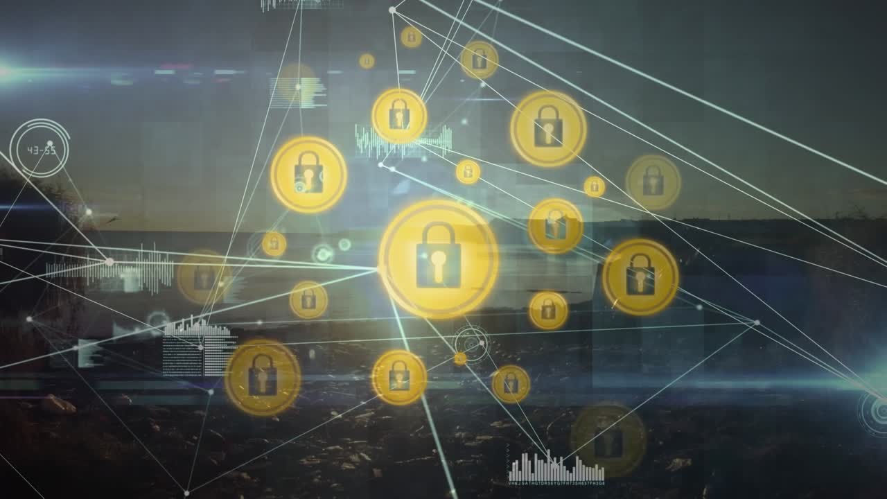 Animazione di rete di connessioni e icone su paesaggio