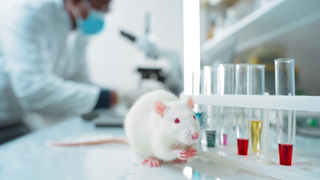 Scientist working with a rat in a laboratory