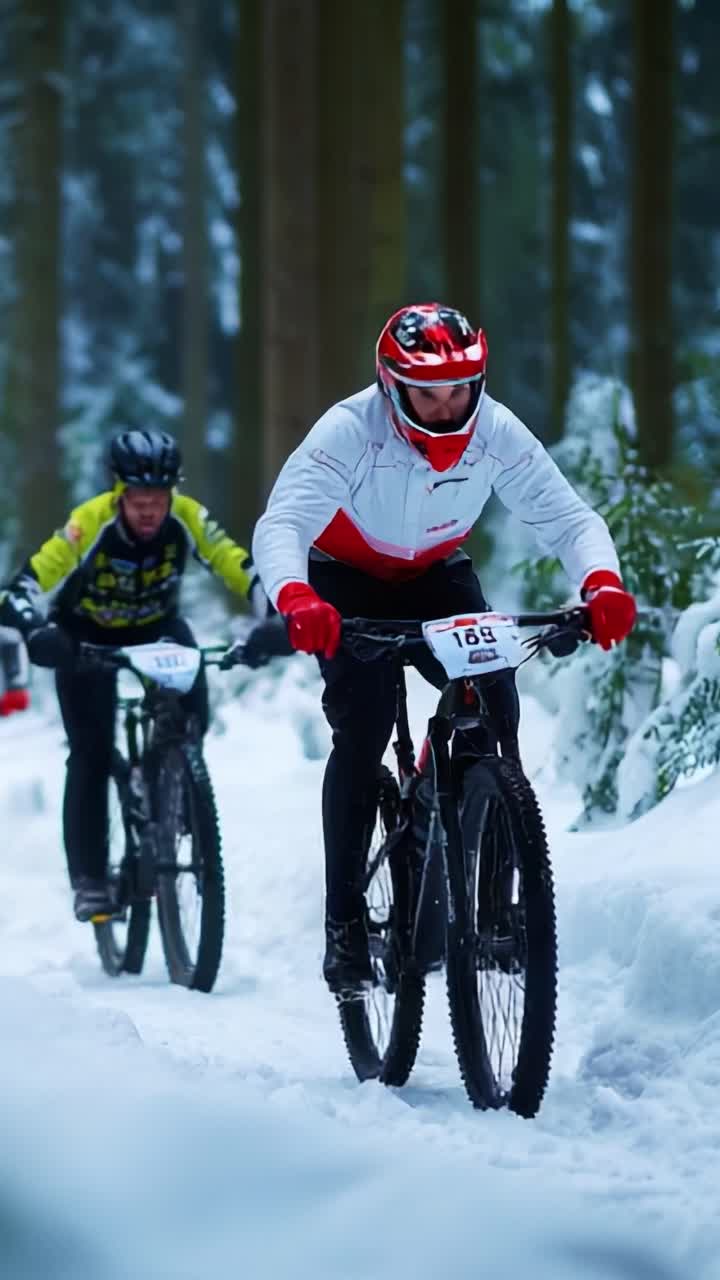 Intense Winter Mountain Biking Competition in Snowy Forest Setting Featuring Cyclists Navigating Through a Challenging Terrain with Glistening Snow and Tall Pine Trees Providing a Unique Background