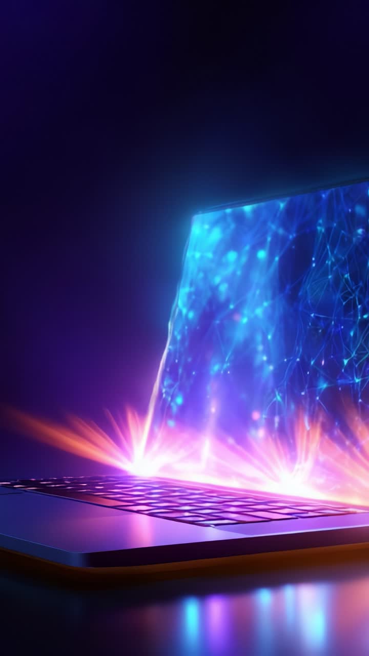 Un'affascinante scena digitale con un laptop luminoso che emana luce intensa e modelli astratti, incarnando l'innovazione e il futuro della tecnologia