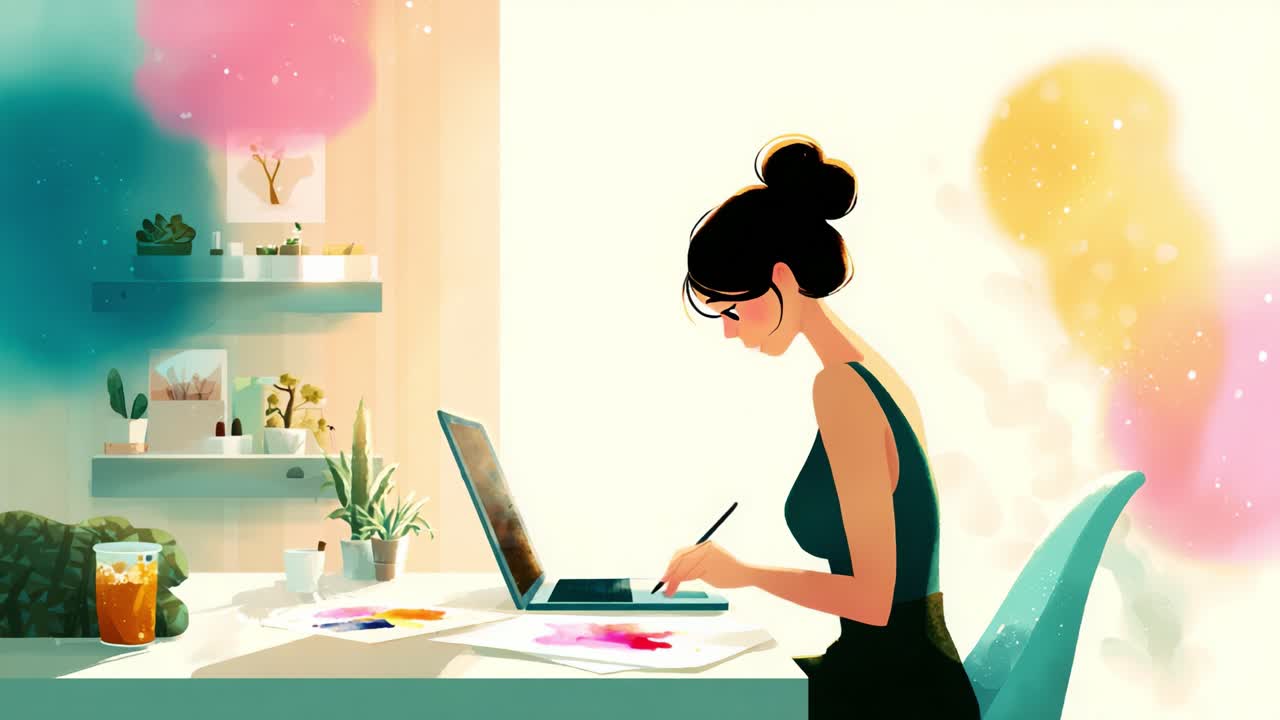 A Creative Journey: An Artist's Workspace with Vibrant Colors and Nature Elements, Highlighting Inspiration through Digital Art and Traditional Mediums in a Cozy Environment