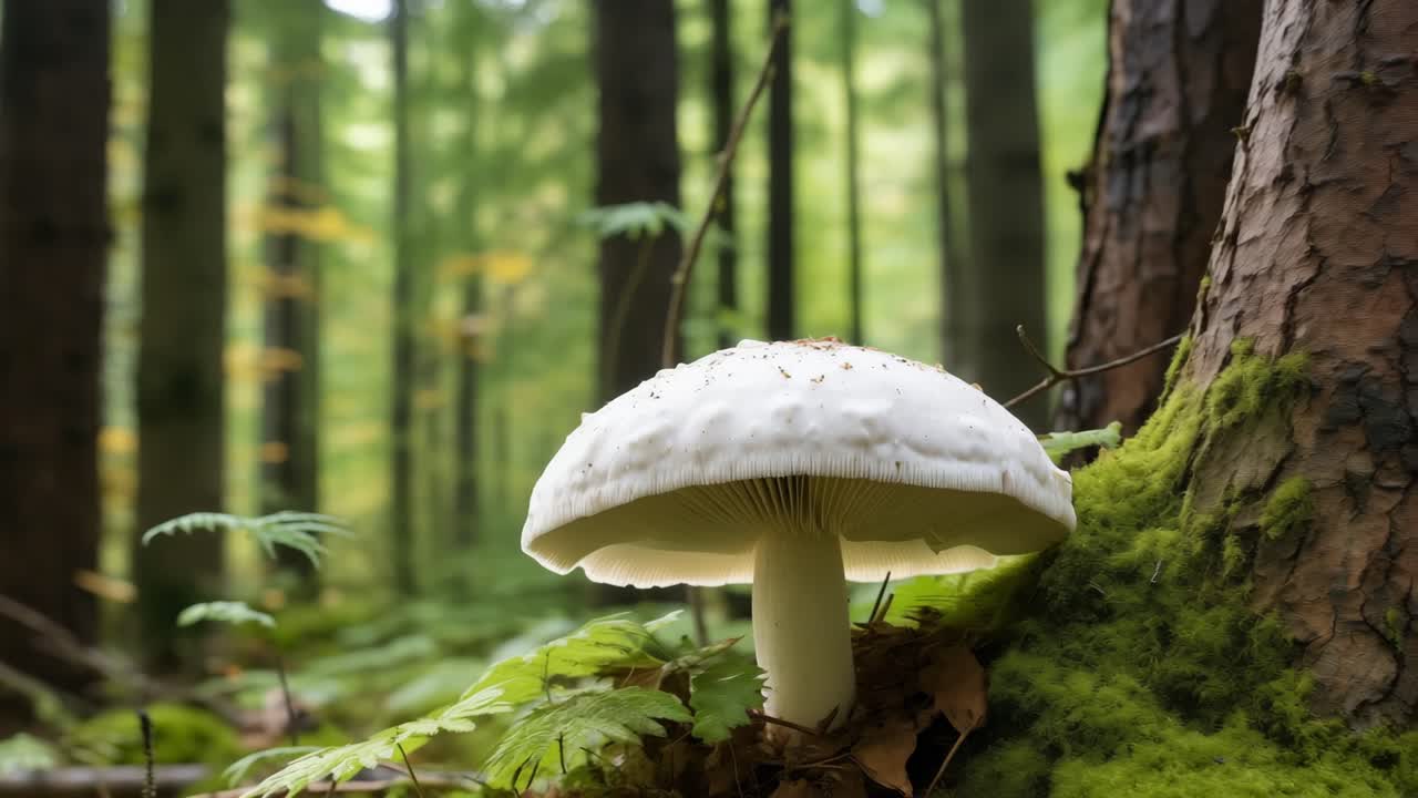 Large white capped wild mushroom growing nestled among fallen leaves, mossy tree trunk, and ferns on shadowy forest floor during peaceful autumn woodland scene
