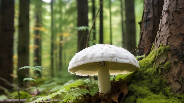 Large white capped wild mushroom growing nestled among fallen leaves, mossy tree trunk, and ferns on shadowy forest floor during peaceful autumn woodland scene