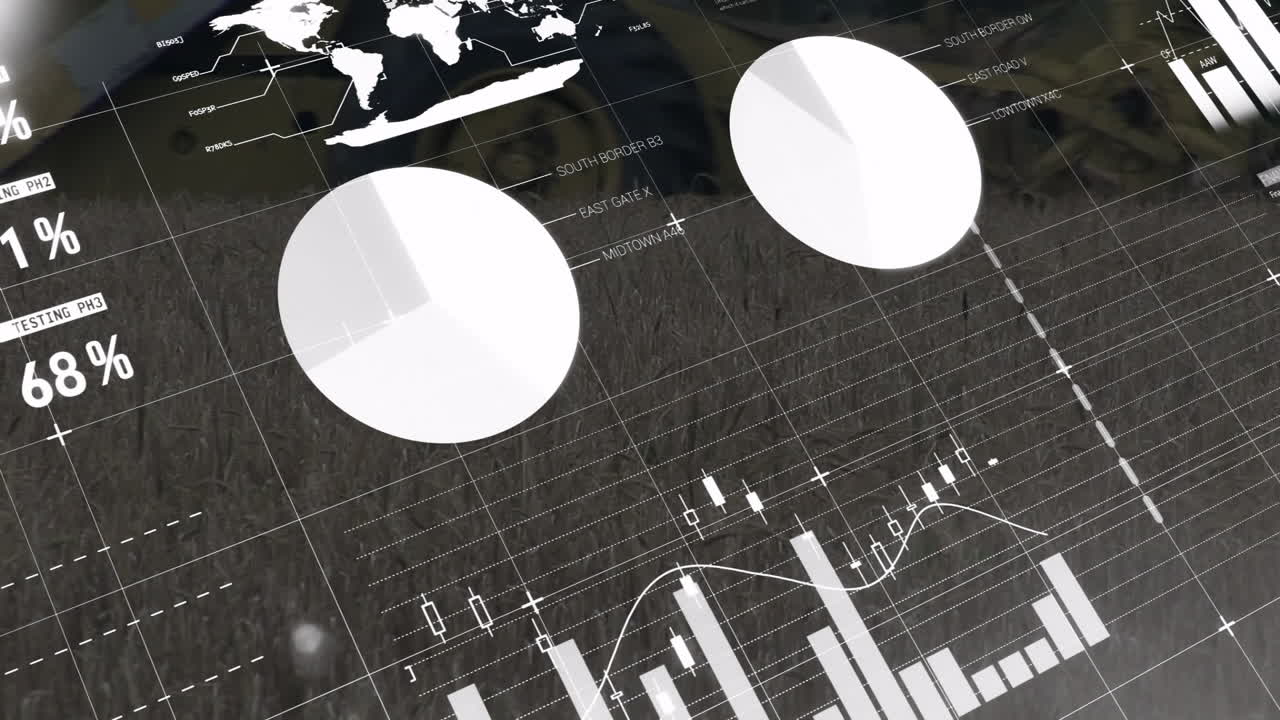 gráficos y gráficos de datos financieros animación sobre el mapa del mundo y el fondo de la cuadrícula