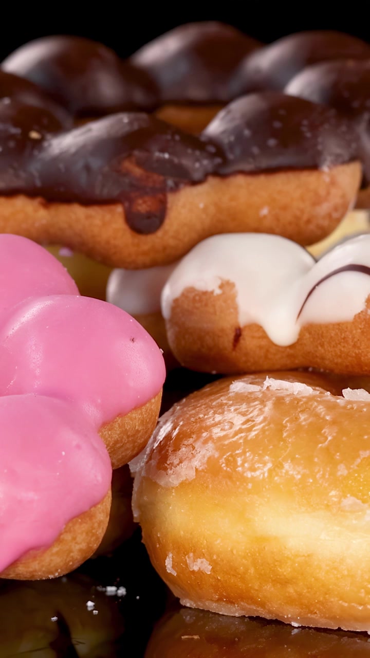 Vários donuts com cobertura rosa, de chocolate e branca caem e se empilham em câmera lenta sobre um fundo preto reflexivo, sob iluminação de estúdio brilhante.