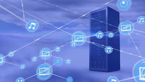 animación de la red de conexiones con iconos a través de un servidor de computadoras en nubes