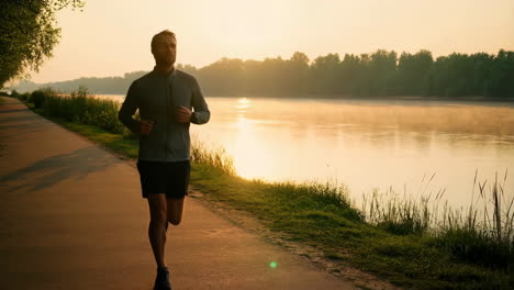 man running along a river at sunrise