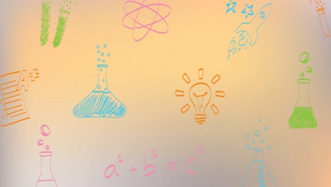 Animation-Mehrerer-Wissenschaftlicher-Konzeptsymbole-Vor-Kopierraum-Auf-Orangefarbenem-Hintergrund-Mit-Farbverlauf