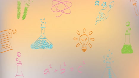 animación de múltiples iconos de conceptos científicos contra el espacio de copia en un fondo de gradiente naranja.