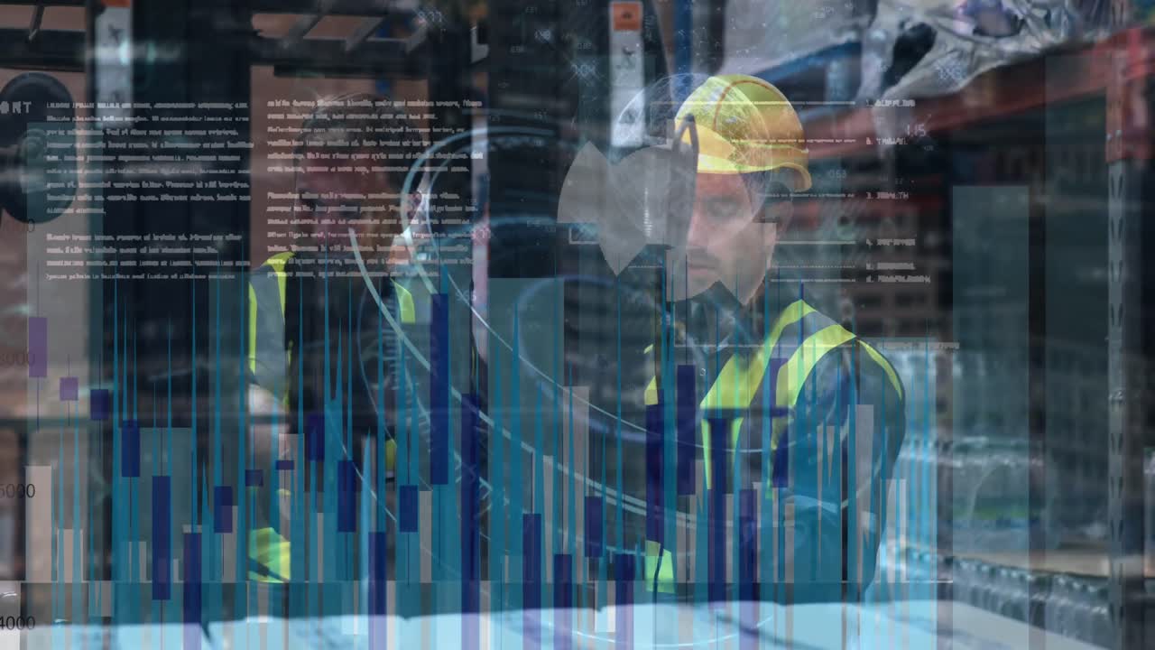 animación del procesamiento de datos estadísticos sobre dos trabajadores masculinos que discuten en el almacén