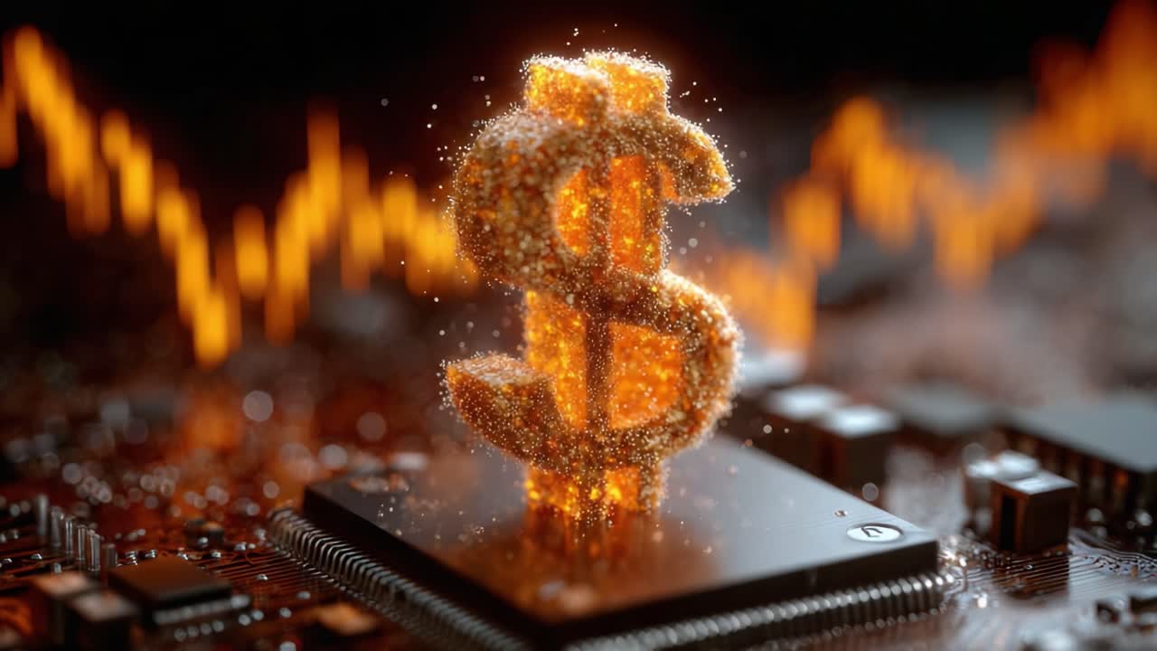 A stunning visualization of a glowing dollar sign emerging from a computer chip, surrounded by vibrant data charts, symbolizing finance, technology, and digital currency