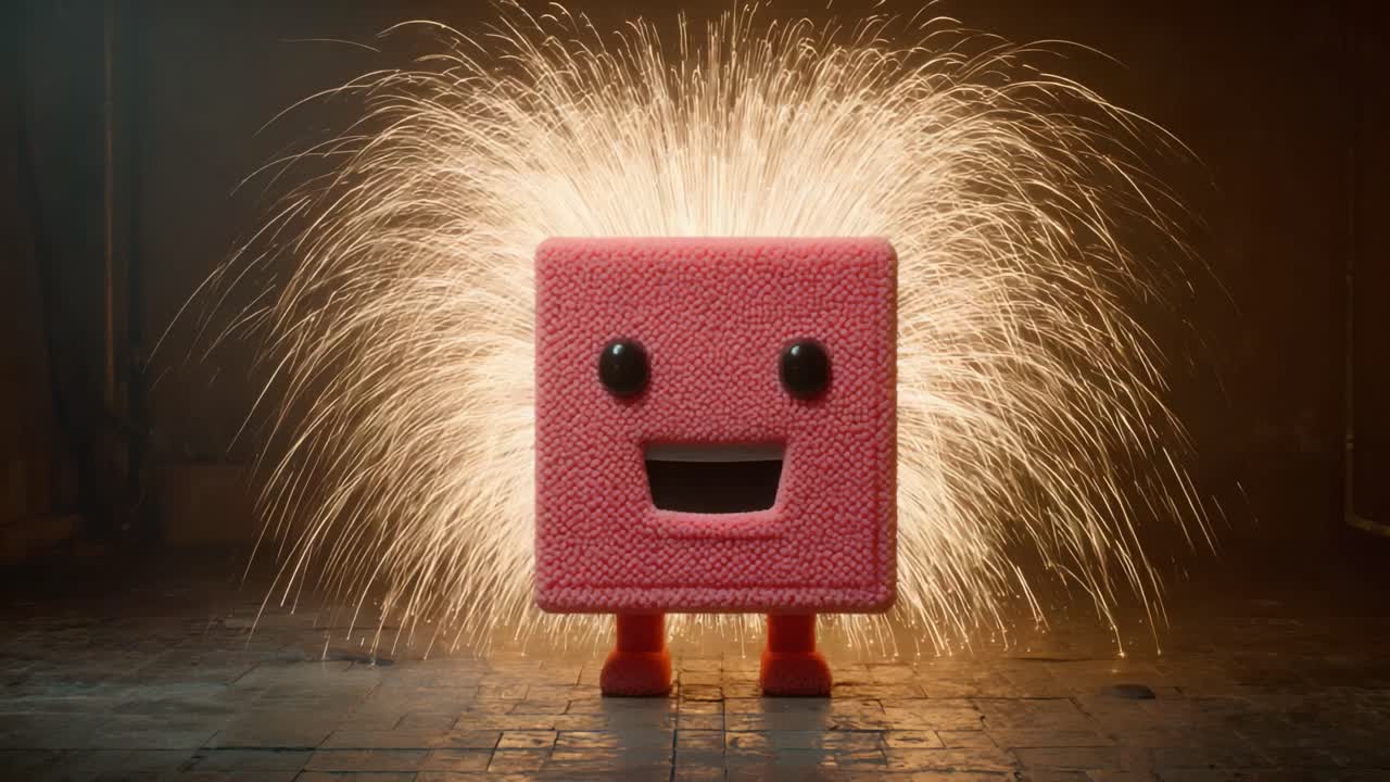 A vibrant pink square character with cheerful facial expression illuminated by a spectacular display of sparks, creating a striking contrast against a dark background, evoking joy and excitement