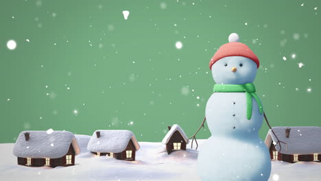 animation of christmas snow man moving over snow falling on green background