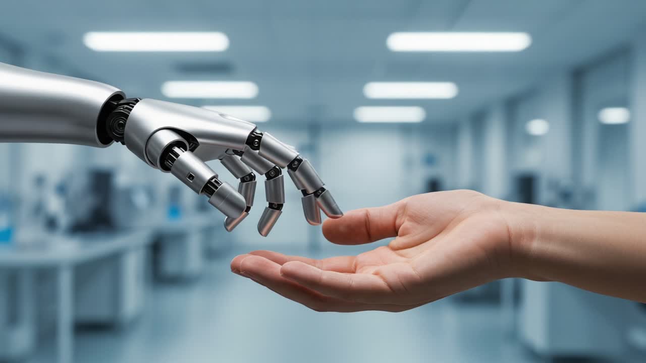 A Futuristic Encounter: The Intriguing Connection Between a Human Hand and a Robotic Arm in a Cutting-Edge Laboratory Setting