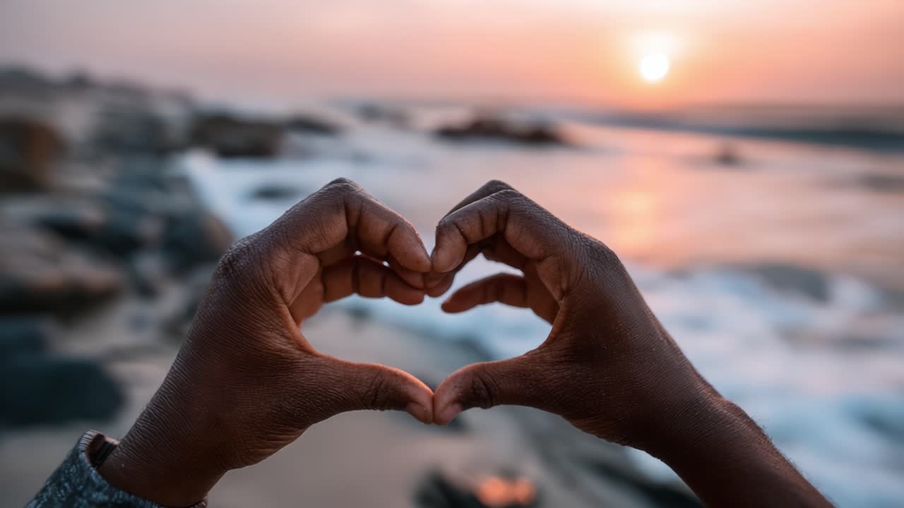 A Beautiful Sunset Embraced by Love: Captivating Hands Forming a Heart Shape Against the Serenity of the Ocean's Horizon