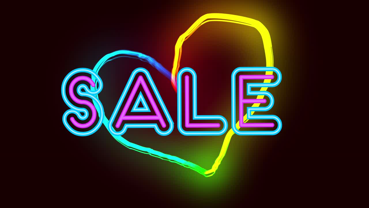 animación de corazón de neón y texto de venta sobre fondo negro