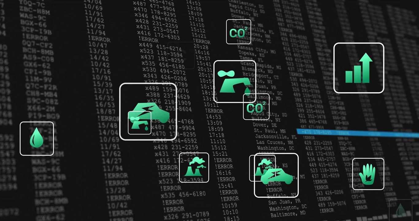 Data appearing, green icons drifting, blue line sweeping highlighting them, settling near car chart