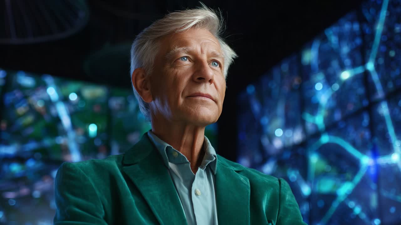 A Thoughtful Innovator: A Portrait of an Elderly Man in a Green Blazer with a Serious Expression Against a Backdrop of Futuristic Digital Displays and Technology, Capturing a Moment of Reflection and Insight