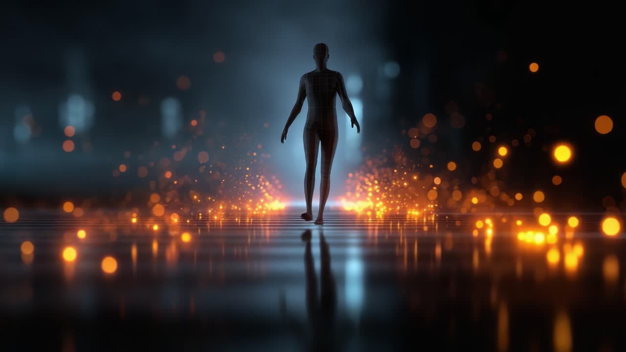 Una figura solitaria emerge de un paisaje luminoso y etéreo, lleno de esferas brillantes y una superficie reflectante, encarnando una sensación de asombro y misterio.