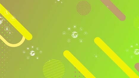 animation of globe and telecommunication icons over green background with diverse shapes