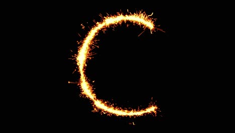 alphabet c text sparkler writing with glitter sparks particles firework on black 4k loop background