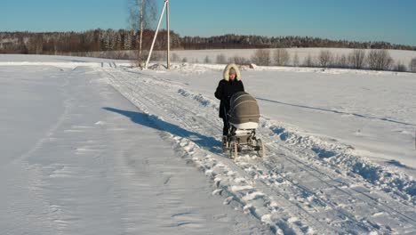 mother in dark winter jacket walk with baby carriage on snowy countryside road