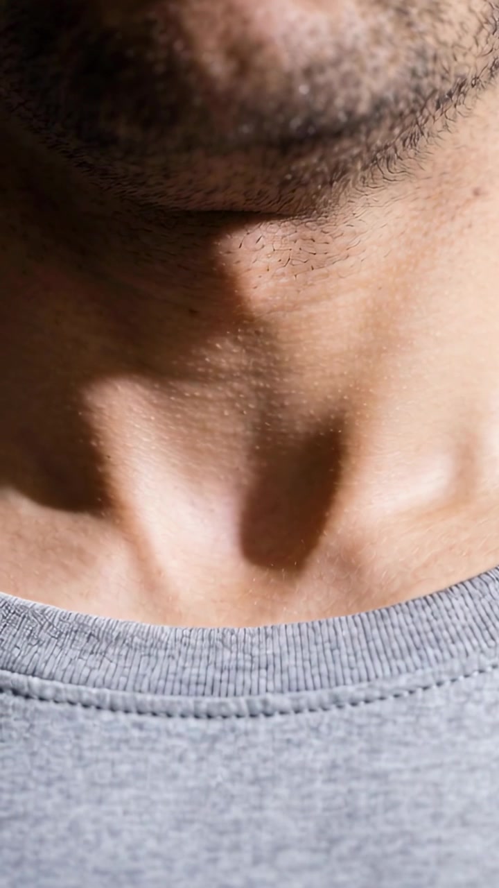 Video verticale: Uomo che respira inclina mento e collo in una stanza, mostrando il pomo d'Adamo e una felpa girocollo grigia.