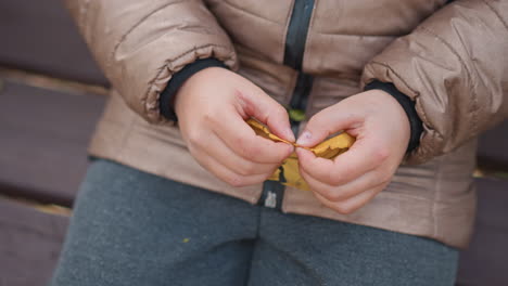 close up of child in brown jacket and gray pants seated on wooden bench, gently holding and examining yellow autumn leaf, fingers tracing leaf veins, colors reflecting crisp fall in park scene