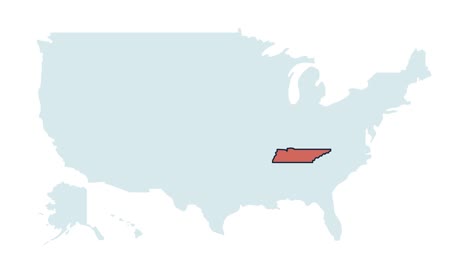 us tennessee state map animation. united states of america country - high detailed motion illustration map. 4k animated video with blinking red and blue highlighted state with alpha matte