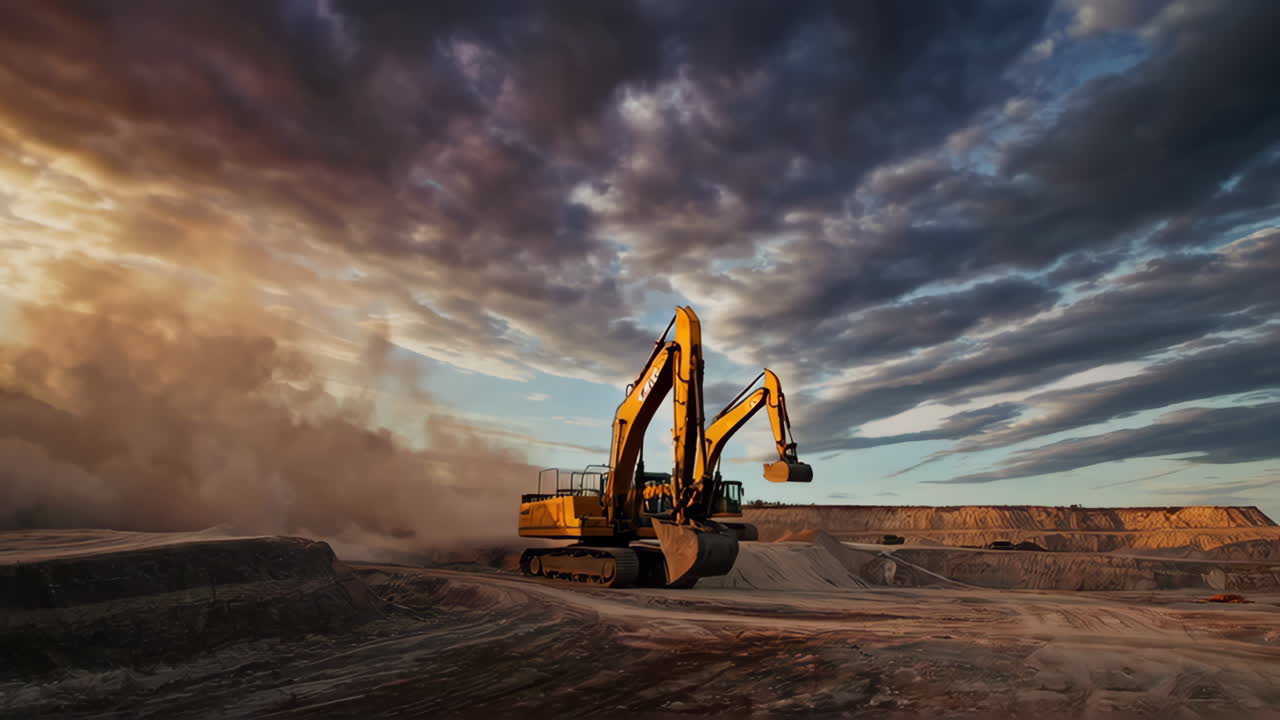 Large Excavators Operating at a Dusty Mining Site at Sunset