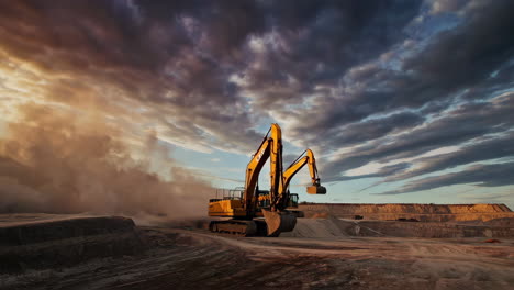 large excavators operating at a dusty mining site at sunset