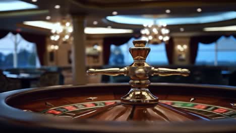 a close-up view of a burnished roulette wheel spinning in a luxurious casino environment, capturing the thrill and anticipation of each bet within the elegant setting