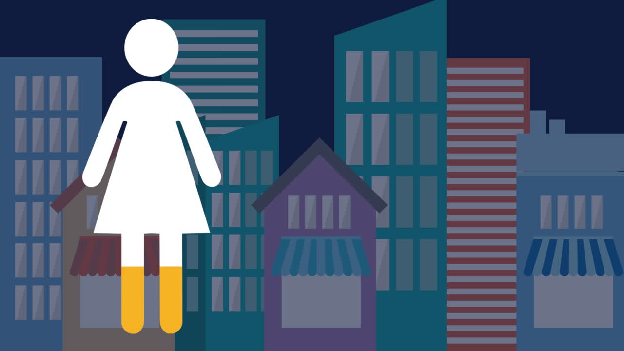 video de la mujer icono de las redes sociales llenándose de amarillo sobre el paisaje urbano sobre fondo azul