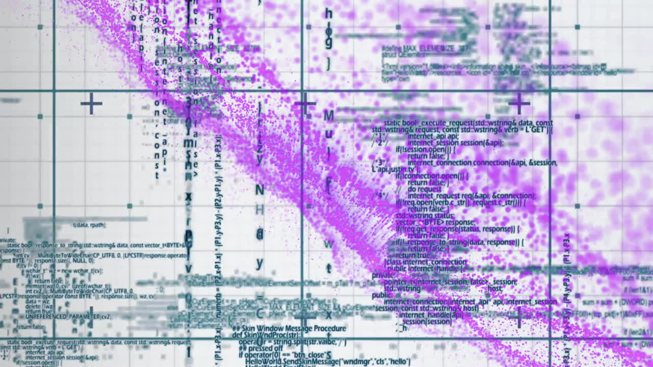 Creating complex pattern, purple data points and text scattered over grid animation