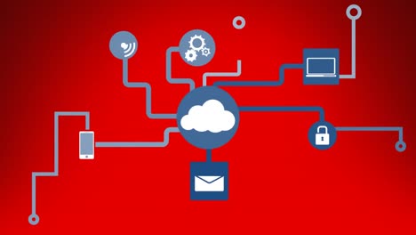 Animation-of-cloud-icon-with-network-of-connections-data-processing-over-red-background