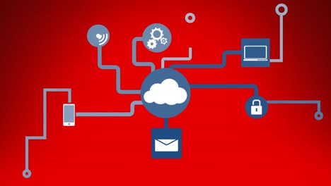 Animación-Del-Icono-De-La-Nube-Con-Red-De-Conexiones-De-Procesamiento-De-Datos-Sobre-Fondo-Rojo.