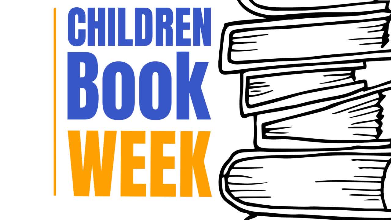 animación del texto de la semana del libro para niños sobre libros sobre fondo blanco