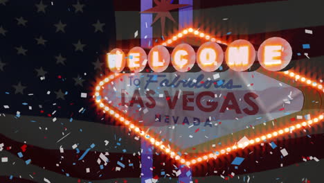 animation of confetti falling with american flag waving over las vegas casino sign