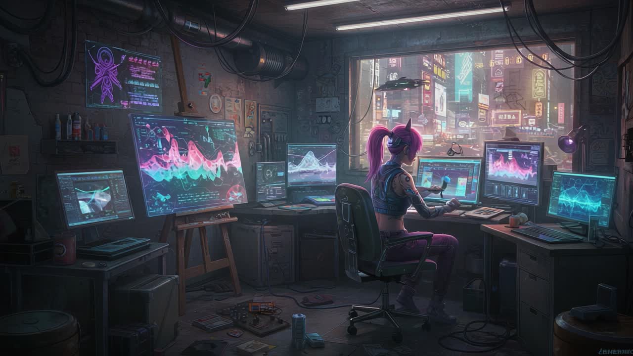 A Cyberpunk Analyst Delving into Data Visualizations in a Neon-Lit Workspace, Surrounded by Advanced Technology and Urban Scenery Beyond the Window