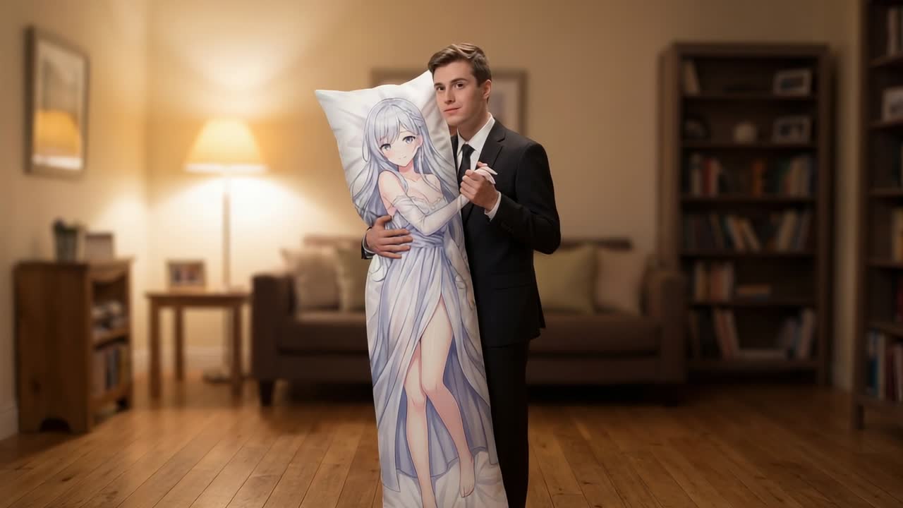 Frame mostrando um homem segurando um dakimakura, imitando um abraço, mudando o olhar na sala de estar vestindo um terno