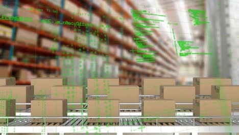 Animation-of-data-processing-over-delivery-boxes-on-conveyer-belt-against-warehouse