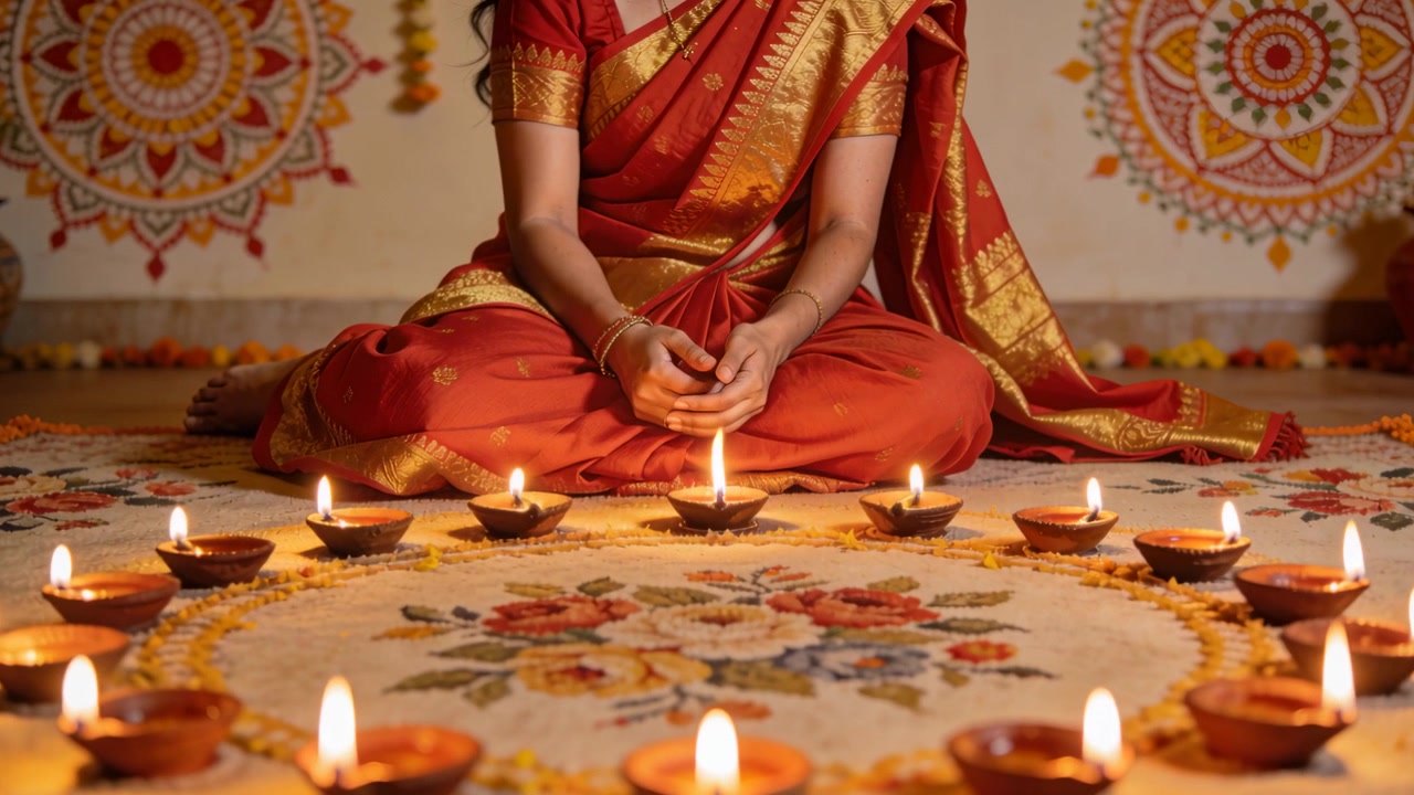 Mulher de sari vermelho acendendo diyas de rangoli com um pavio aceso para um ritual, alcançando o chão de oração.
