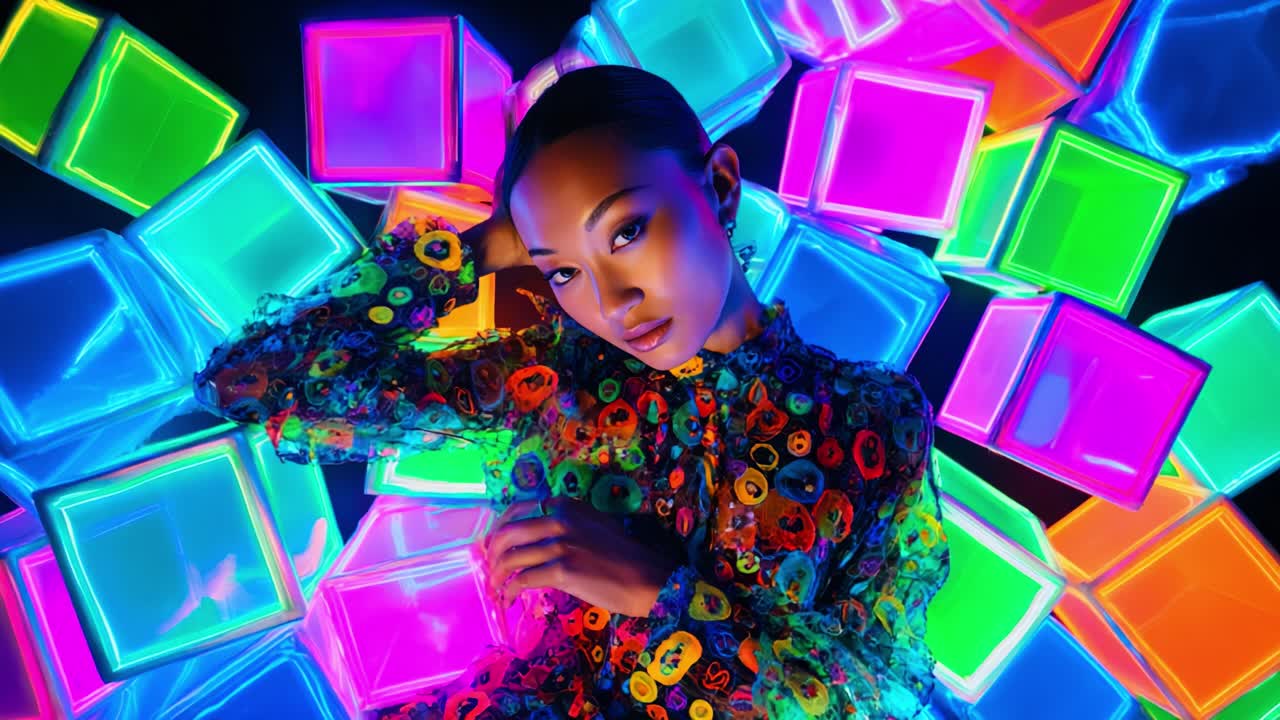 A vibrant and striking portrait featuring a model adorned in a colorful floral outfit, surrounded by luminous geometric shapes that create a captivating visual experience of light and color
