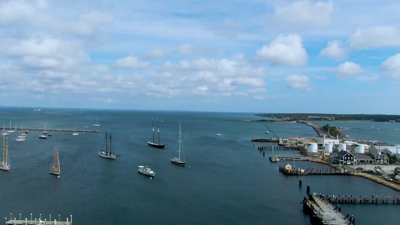 Ascending air view of Vineyard Haven Piers at Martha's Vineyard