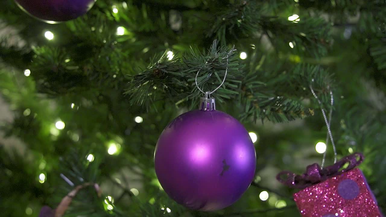 colgando bola púrpura para la decoración en el árbol de navidad con luces led en la sala de estar durante las vacaciones